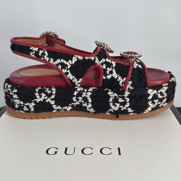 Gucci Black & White Tweed Red Leather Crystal Buckle Platform Sandals SZ 37.5 - Picture 6 of 10